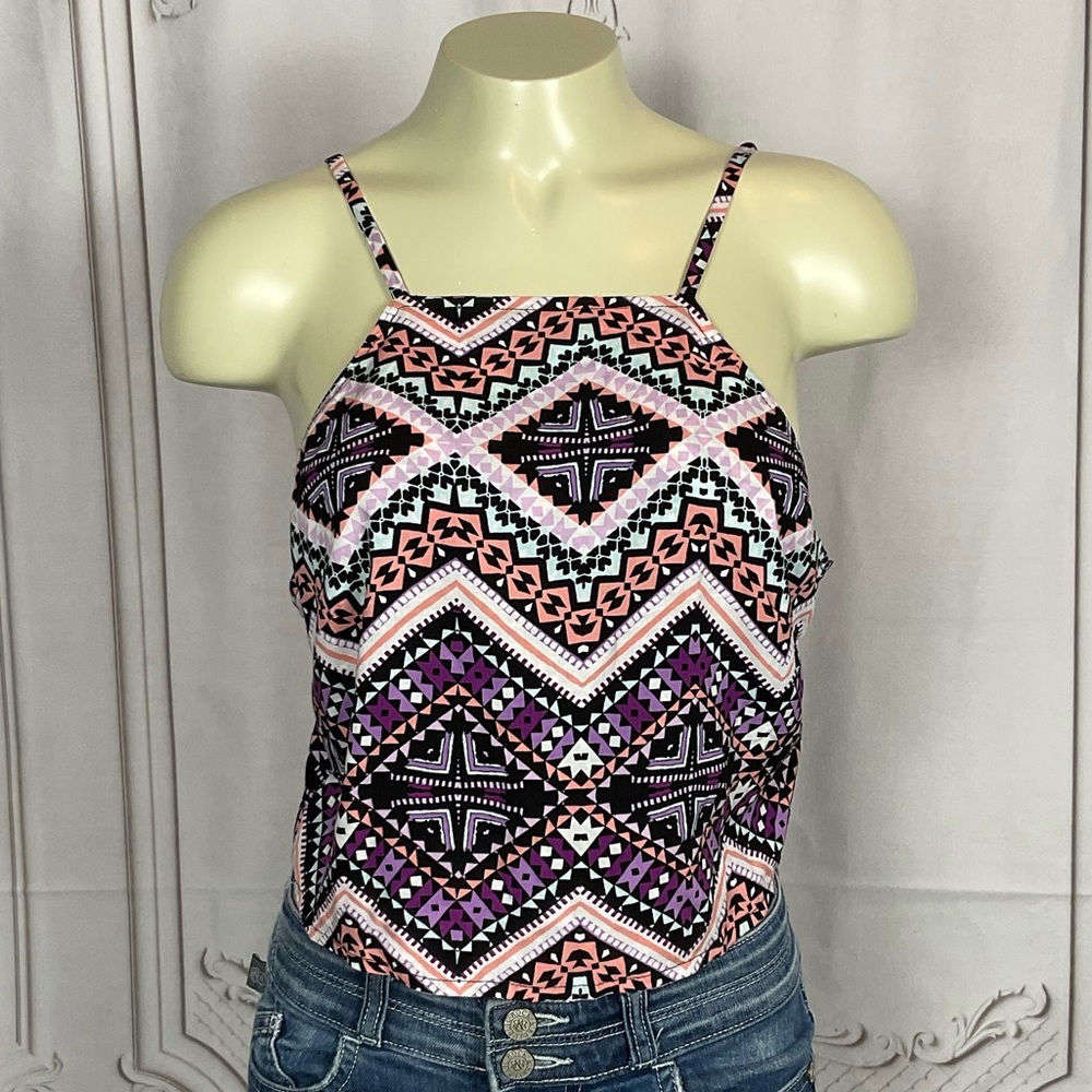 Express NEW Crop Top Halter Colorful Print Back Tie Back Open Back Sz Medium - Picture 1 of 4